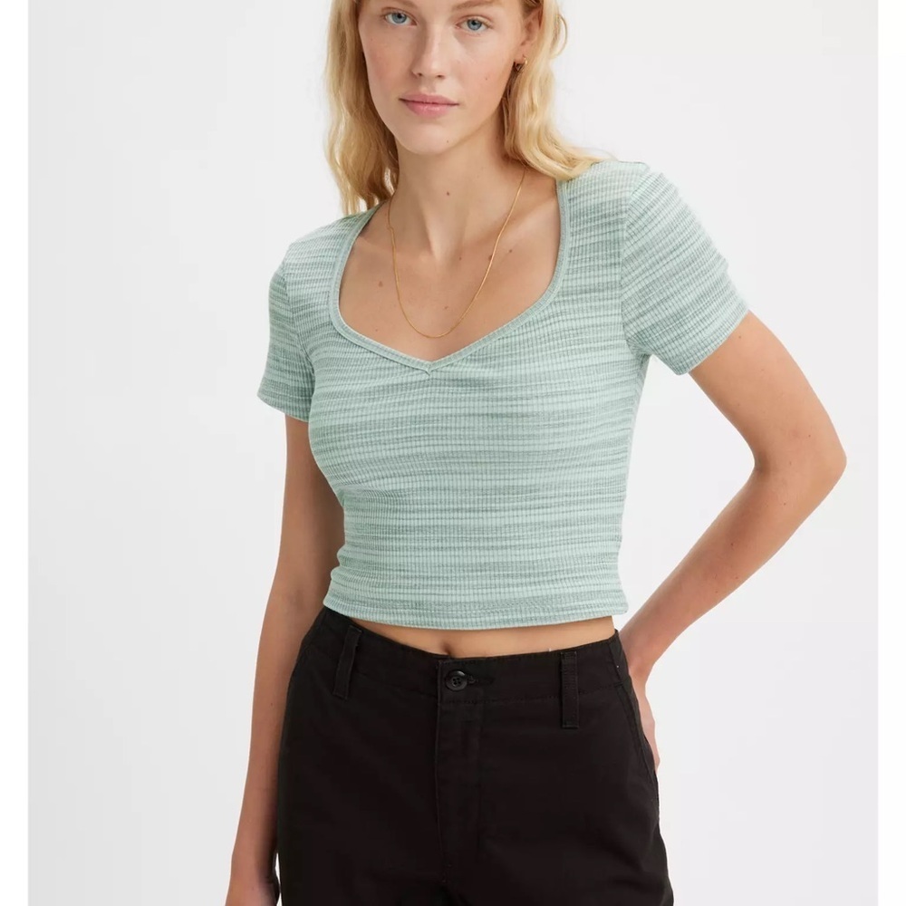 *LEVIS* Light Green Striped Carrie Sweetheart Short Sleeve Top Size Medium
